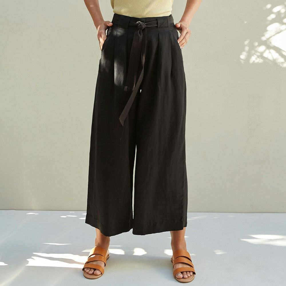 Anthropologie Pant Sancia Marla Linen Wide Leg Noir Black Large Tie Bow Beachy - Picture 1 of 8